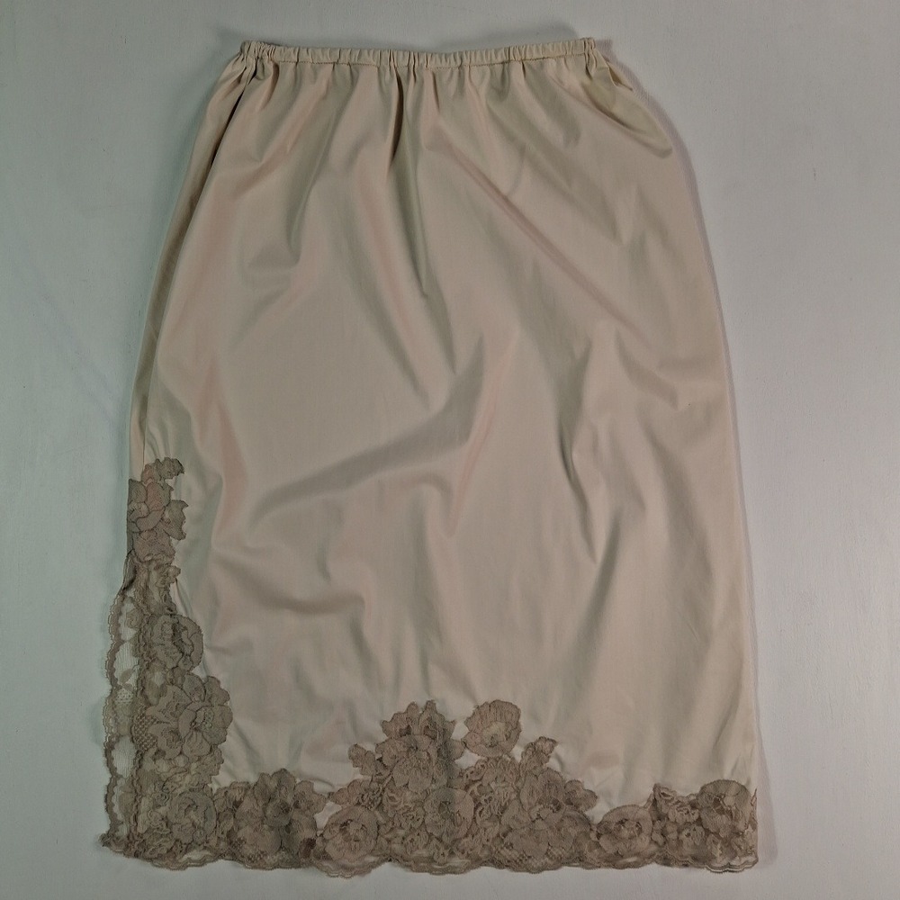 Vintage Van Raalte Beige Half Slip Floral Lace Hem Side Slit Small Made USA